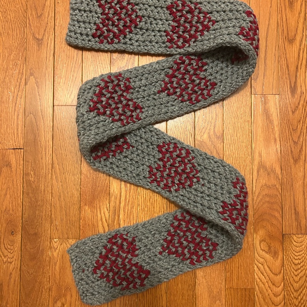 Gray and Red Heart Knit Scarf
